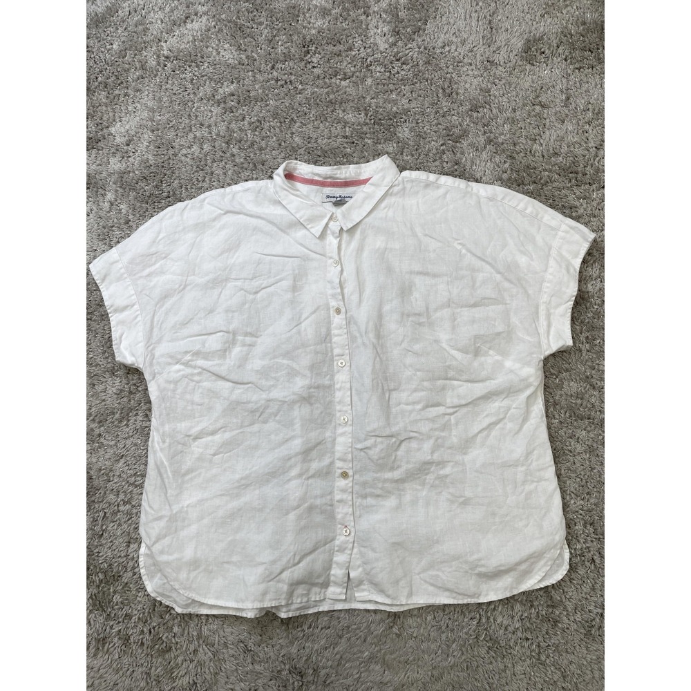 Tommy Bahama Shirt Womens XL White Linen Button-Up Short Sleeve Collared Summer